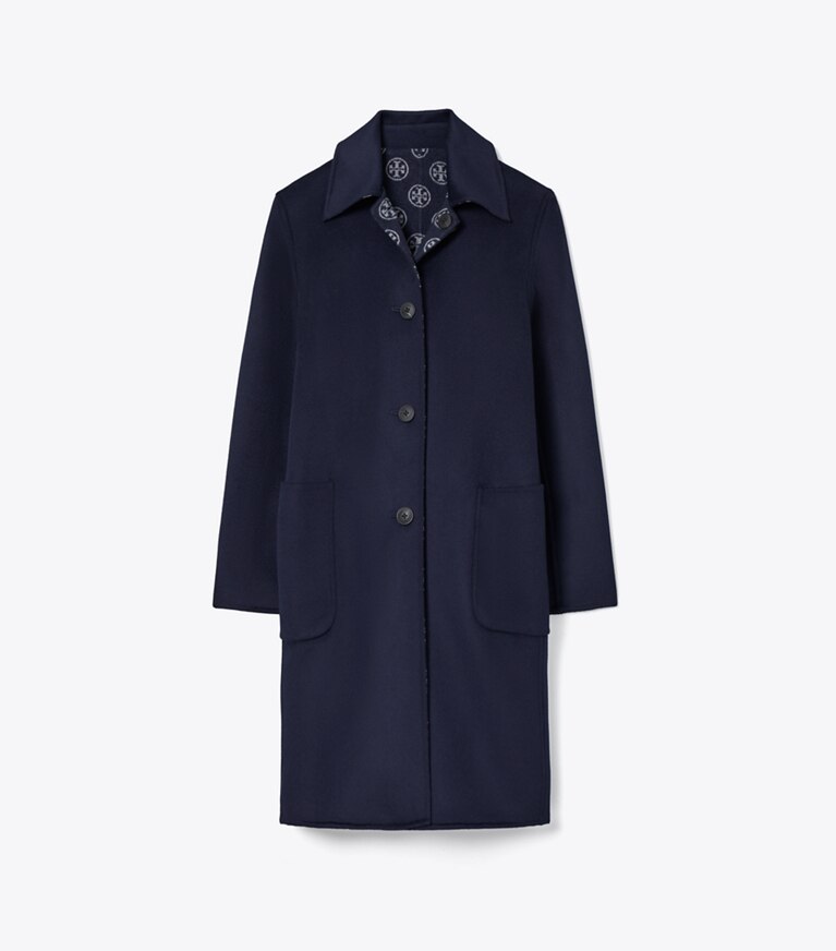 Tory Burch designer mäntel Wendbarer Wollmantel mit T-Monogramm-Jacquard in Medium Navy/T Logo front