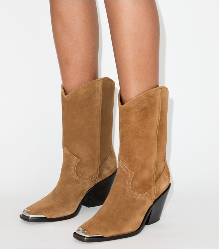 Tory Burch designer ankle boots Western Boot in TOASTED GINGER / CAPPUCINO accessory on model