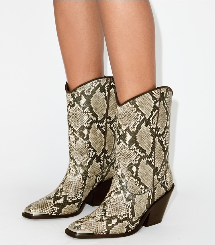 Tory Burch designer ankle boots Western Boot in SNAKE PRINT accessory on model