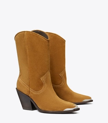 Tory Burch designer ankle boots Western Boot in TOASTED GINGER / CAPPUCINO angle