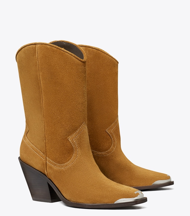 Tory Burch designer ankle boots Western Boot in TOASTED GINGER / CAPPUCINO angle