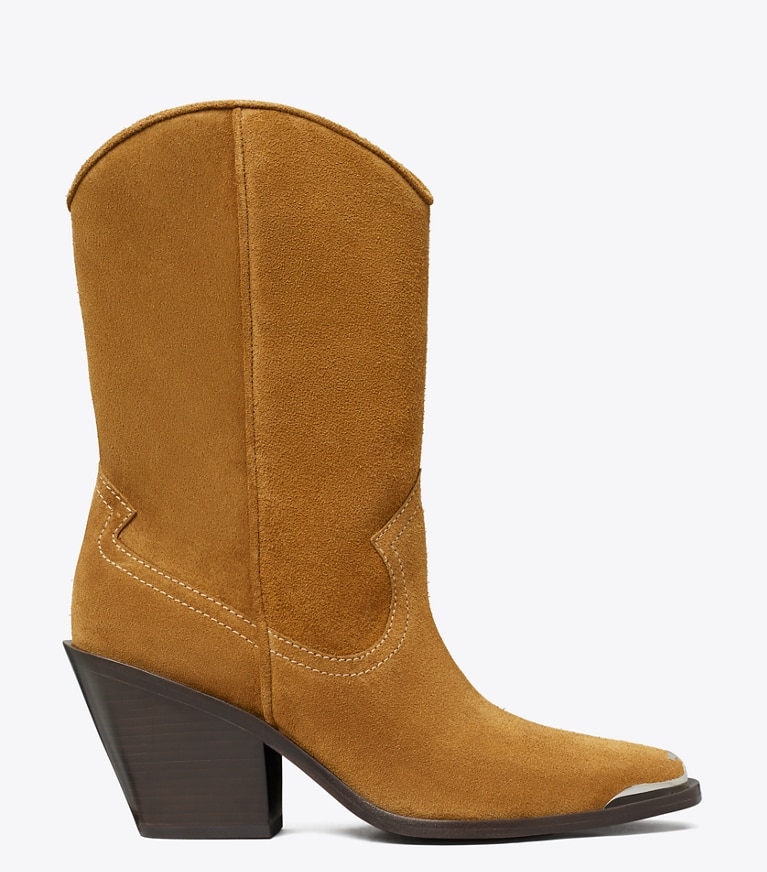 Tory Burch designer ankle boots Western Boot in TOASTED GINGER / CAPPUCINO angle