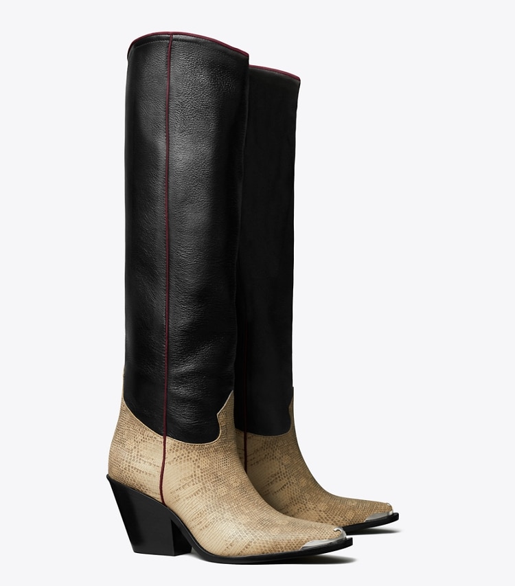 Tory Burch designer boots Western Tall Boot in PERFECT BLACK / CREAM ROCCIA angle