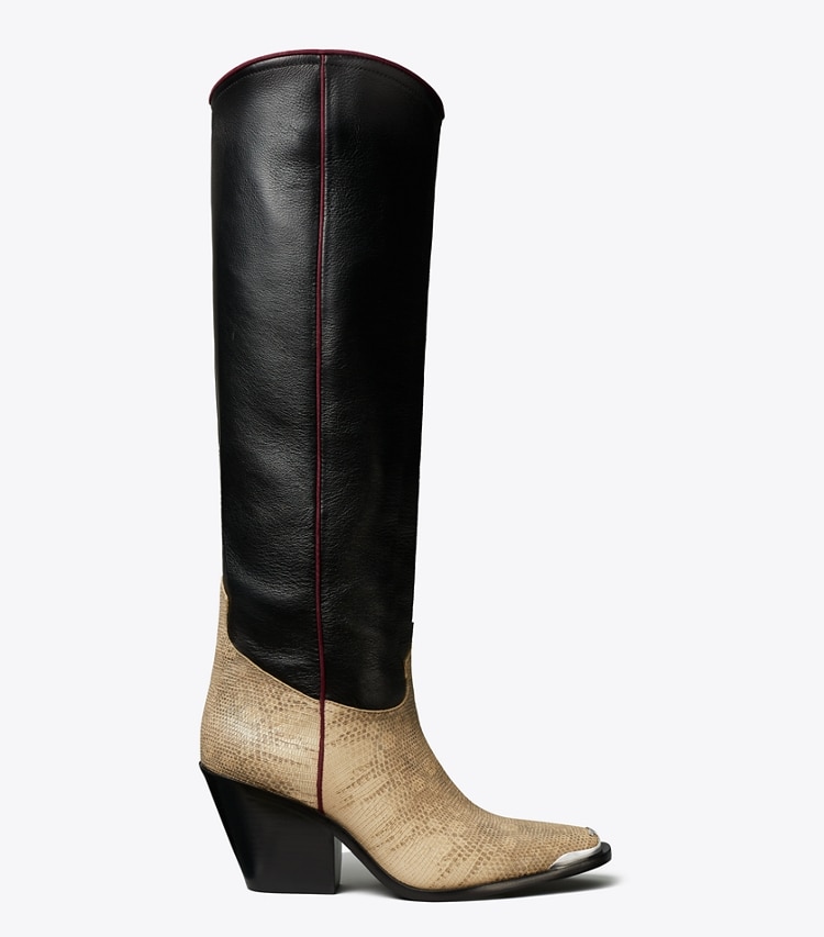 Tory Burch designer boots Western Tall Boot in PERFECT BLACK / CREAM ROCCIA side