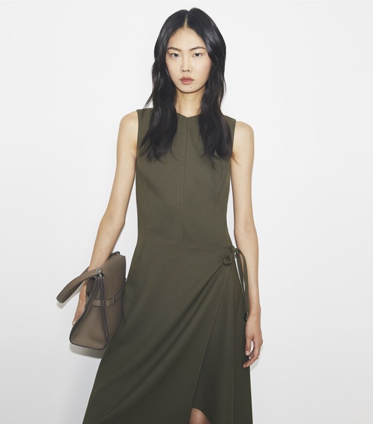 Tory Burch designer kleider Wickelkleid aus Twill in Olive Pesto front