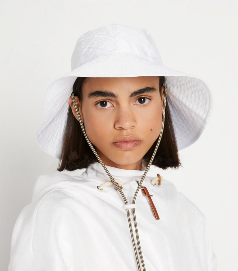 Tory Sport designer hats Wide-Brim Woven Jacquard Bucket Hat in Optic White angle