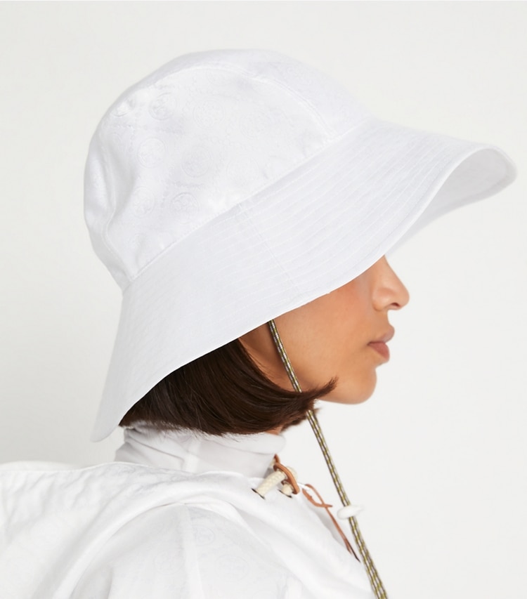 Tory Sport designer hats Wide-Brim Woven Jacquard Bucket Hat in Optic White additional on model