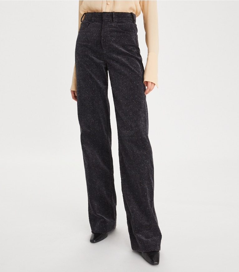 Tory Burch designer bottoms Wide-Leg Corduroy Pant in Flecked Charcoal front