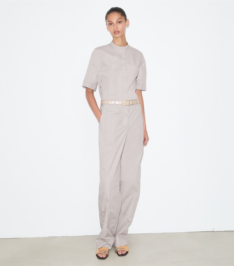 Tory Burch designer bottoms Wide-Leg Cotton Pant in Gray on model front
