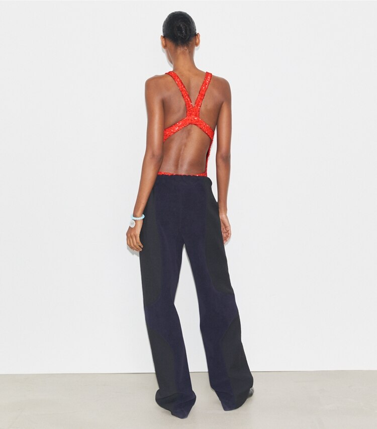 Tory Burch designer bottoms Wide Leg Cotton Pants in Black on model back