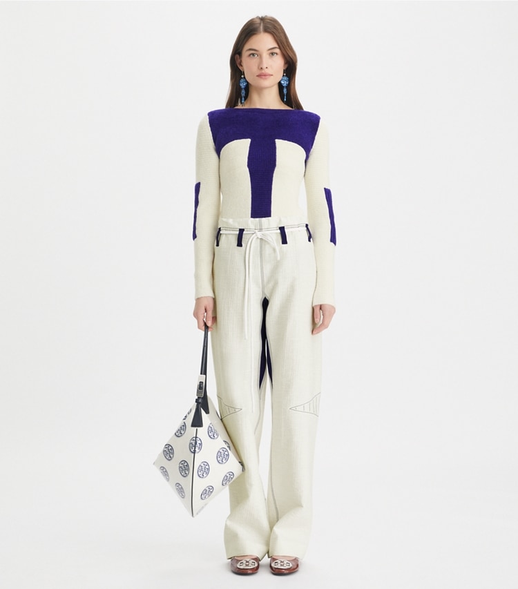 Tory Burch designer bottoms Wide-Leg Cotton Pants in Marshmallow on model front