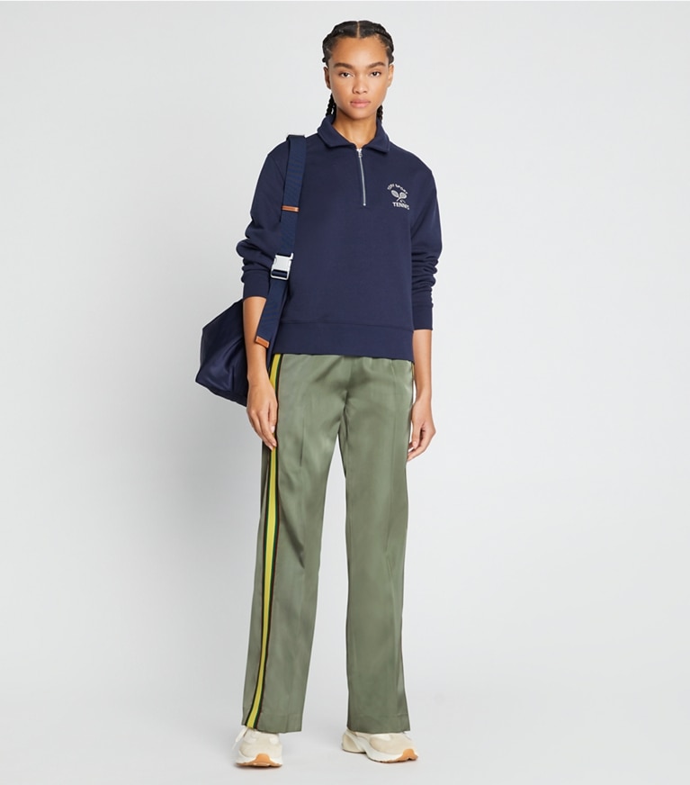 Tory Sport designer bottoms Wide-Leg Satin Pant in Green Fern front