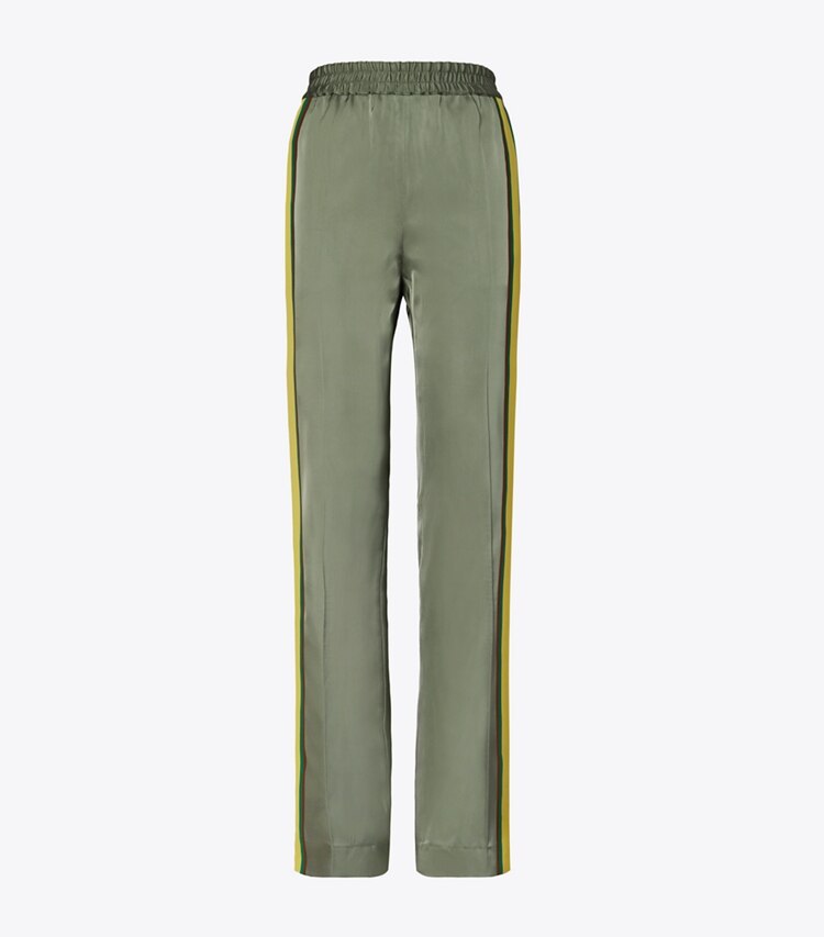 Tory Sport designer bottoms Wide-Leg Satin Pant in Green Fern front