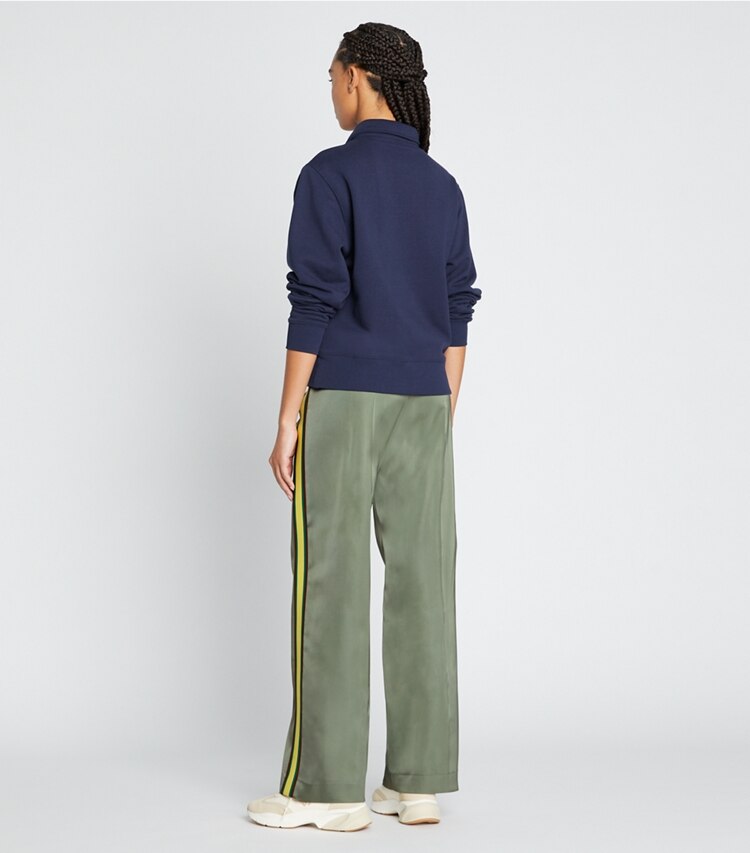 Tory Sport designer bottoms Wide-Leg Satin Pant in Green Fern on model back