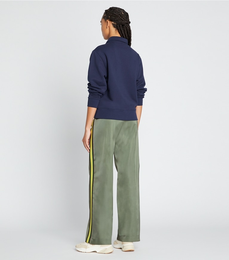 Tory Sport designer bottoms Wide-Leg Satin Pant in Green Fern front