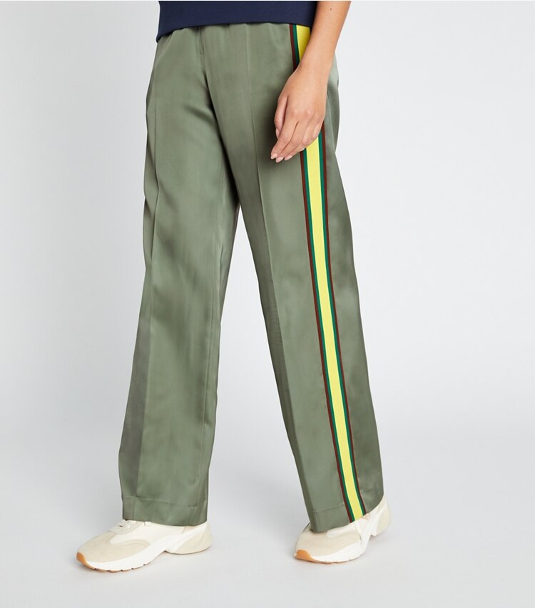 Tory Sport designer bottoms Wide-Leg Satin Pant in Green Fern on model detail