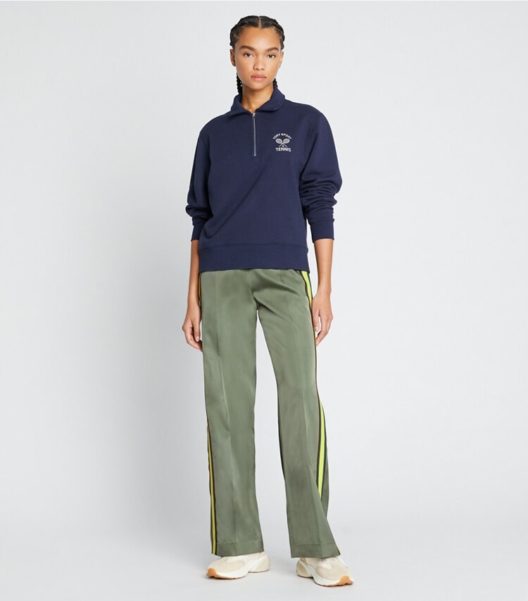 Tory Sport designer bottoms Wide-Leg Satin Pant in Green Fern on model front