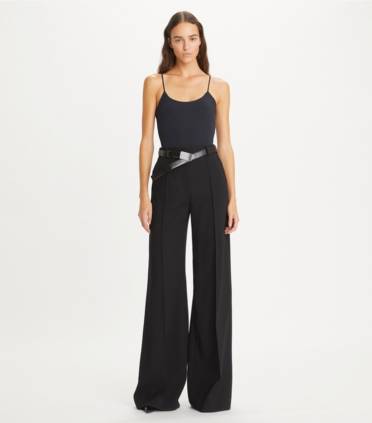 Tory Burch designer bottoms Wide Leg Wool Pant in Black on model front