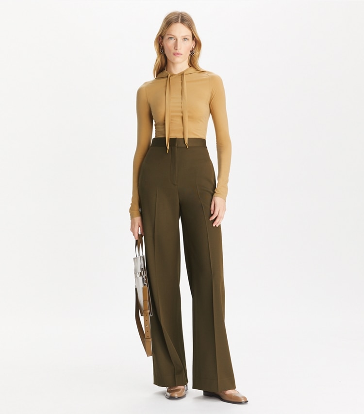 Tory Burch designer bottoms Wide-Leg Wool Pant in Olive Green on model front