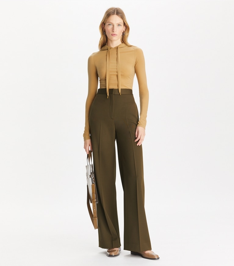 Tory Burch designer bottoms Wide-Leg Wool Pant in Olive Green front