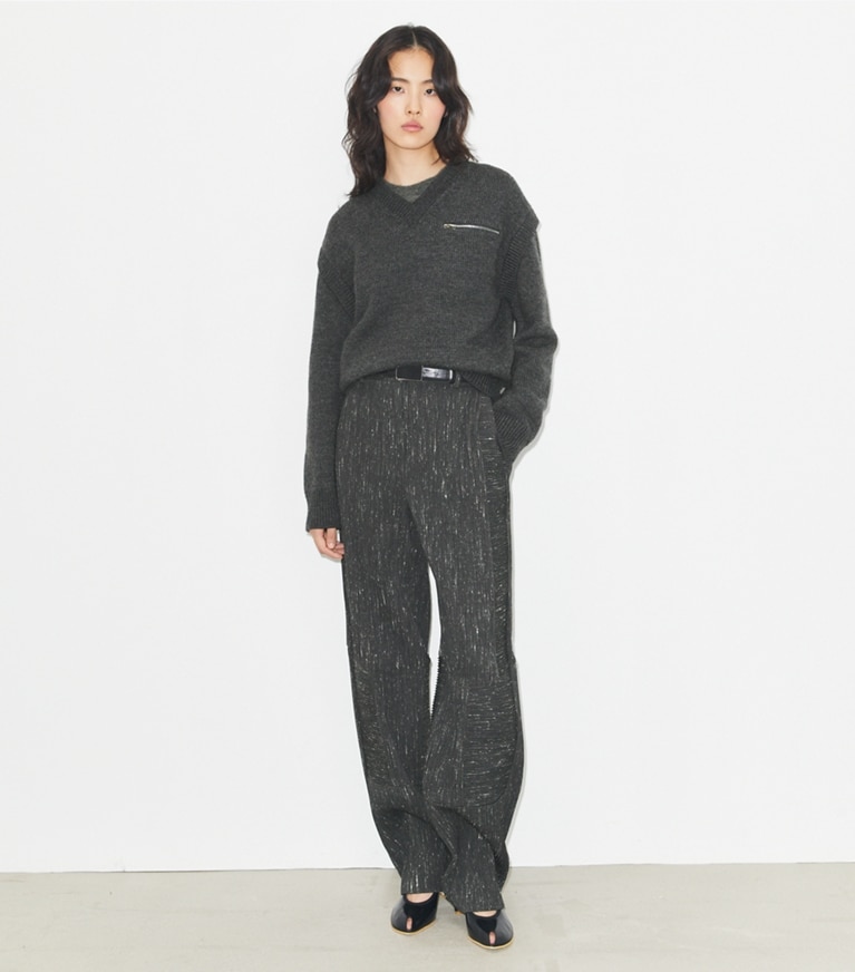 Tory Burch designer bottoms Wide-Leg Wool Pant in Charcoal/White front