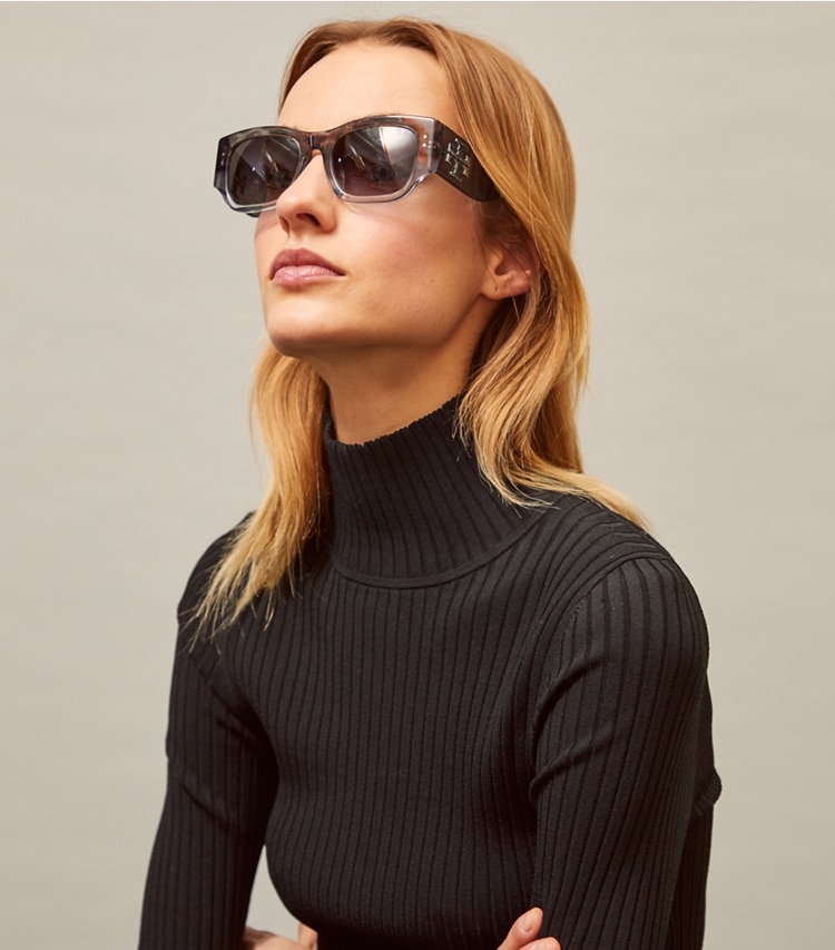 Tory Burch designer sunglasses & eyewear Wide-Temple Logo Sunglasses  in Dark Tortoise Sunglasses accessory on model