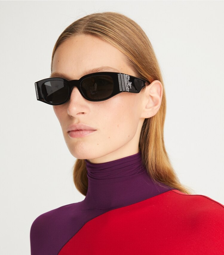 Tory Burch designer sunglasses & eyewear Wide-Temple Sunglasses with Crystals in BLACK/SOLID GREY 1 accessory on model