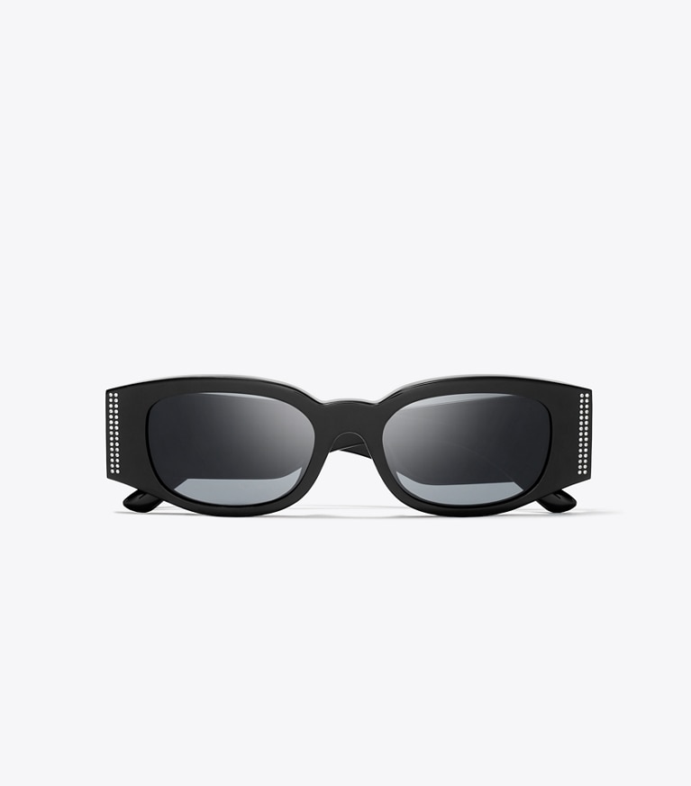Tory Burch designer sunglasses & eyewear Wide-Temple Sunglasses with Crystals in BLACK/SOLID GREY 1 front
