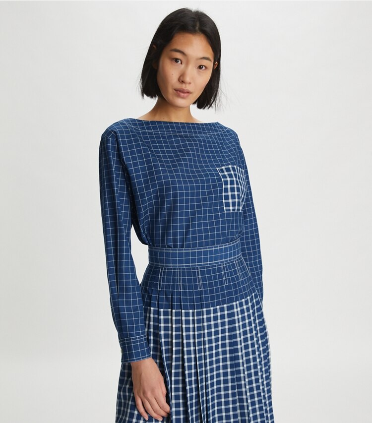 Tory Burch designer tops Windowpane Plaid Silk Boatneck Top  in Blue / White on model detail
