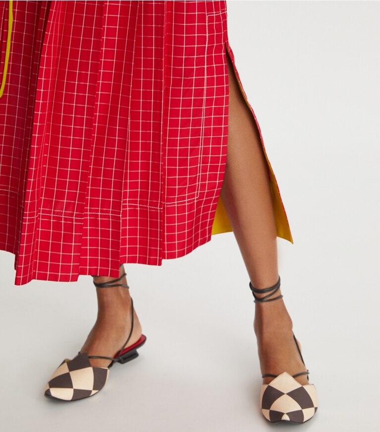 Tory Burch designer bottoms Windowpane Silk Pleated Skirt in Red / White front