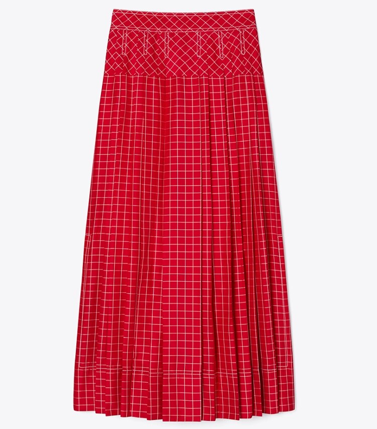 Tory Burch designer bottoms Windowpane Silk Pleated Skirt in Red / White front