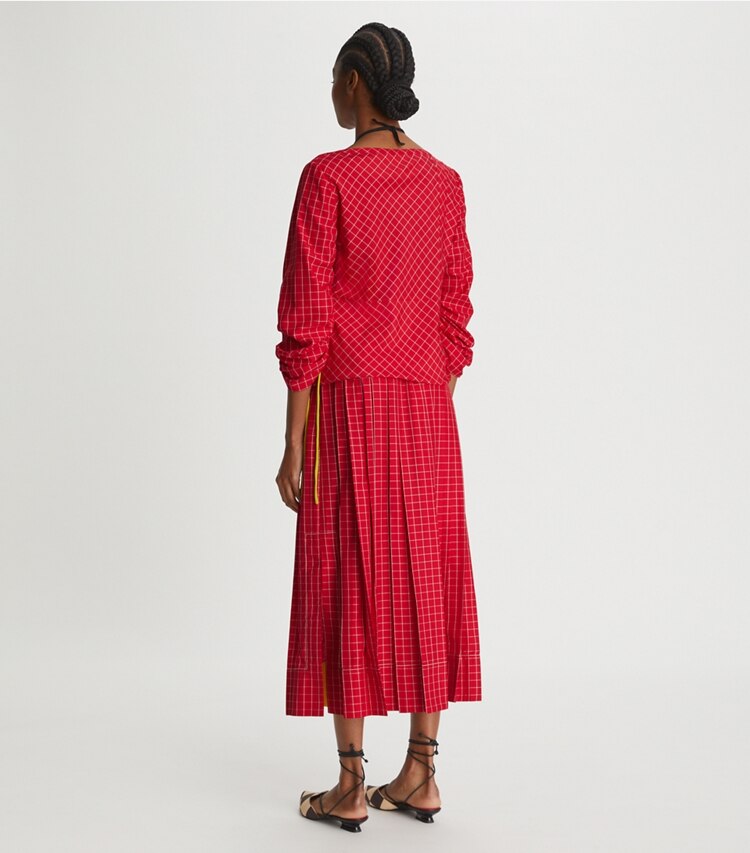 Tory Burch designer bottoms Windowpane Silk Pleated Skirt in Red / White on model back