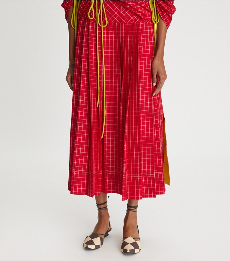 Tory Burch designer bottoms Windowpane Silk Pleated Skirt in Red / White front