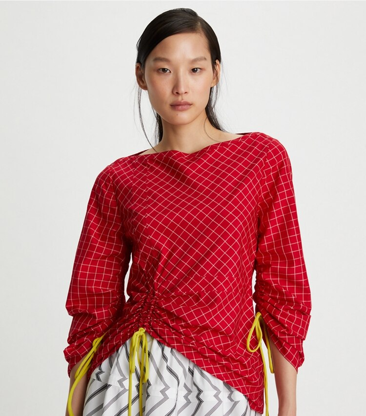 Tory Burch designer tops Windowpane Silk Tunic Top in Red / White on model detail