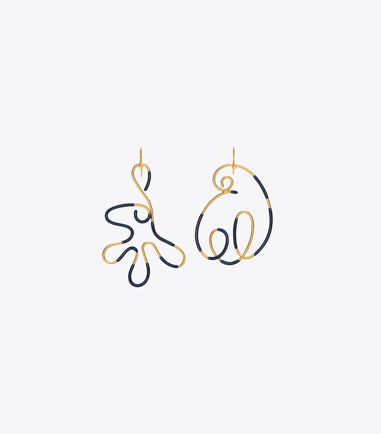 Tory Burch designer earrings Wire Earring in Rolled Brass / Blue front