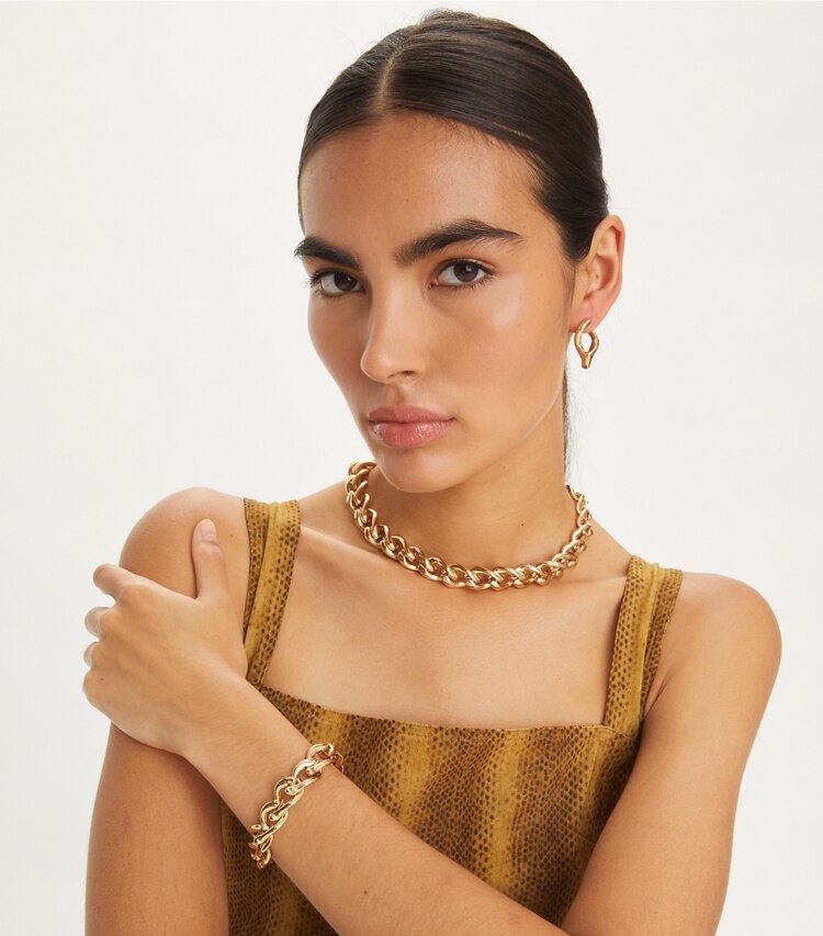 Tory Burch designer bracelets Wishbone Chain Bracelet in Tory Gold accessory on model