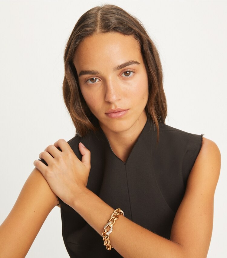 Tory Burch designer ブレスレット ウィッシュボーン パヴェ ブレスレット in Tory Gold / Crystal accessory on model