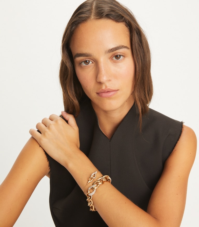 Tory Burch designer ブレスレット ウィッシュボーン パヴェ ブレスレット in Tory Gold / Crystal front