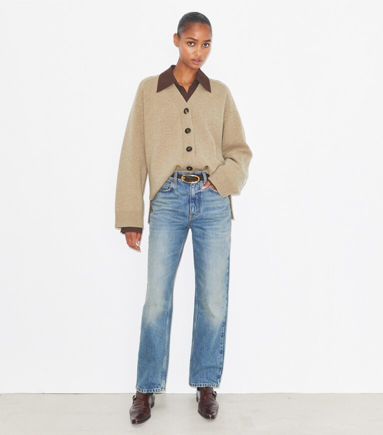 Tory Burch designer strickware Wollcardigan in Oatmeal Melange additional on model