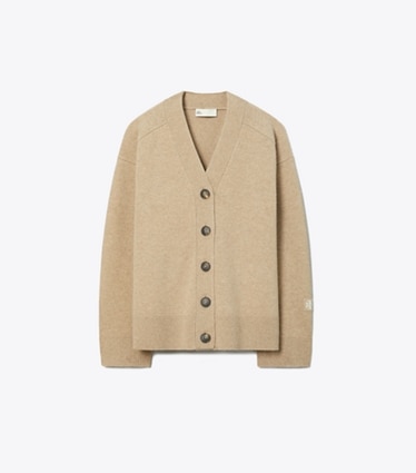 Tory Burch designer strickware Wollcardigan in Oatmeal Melange front