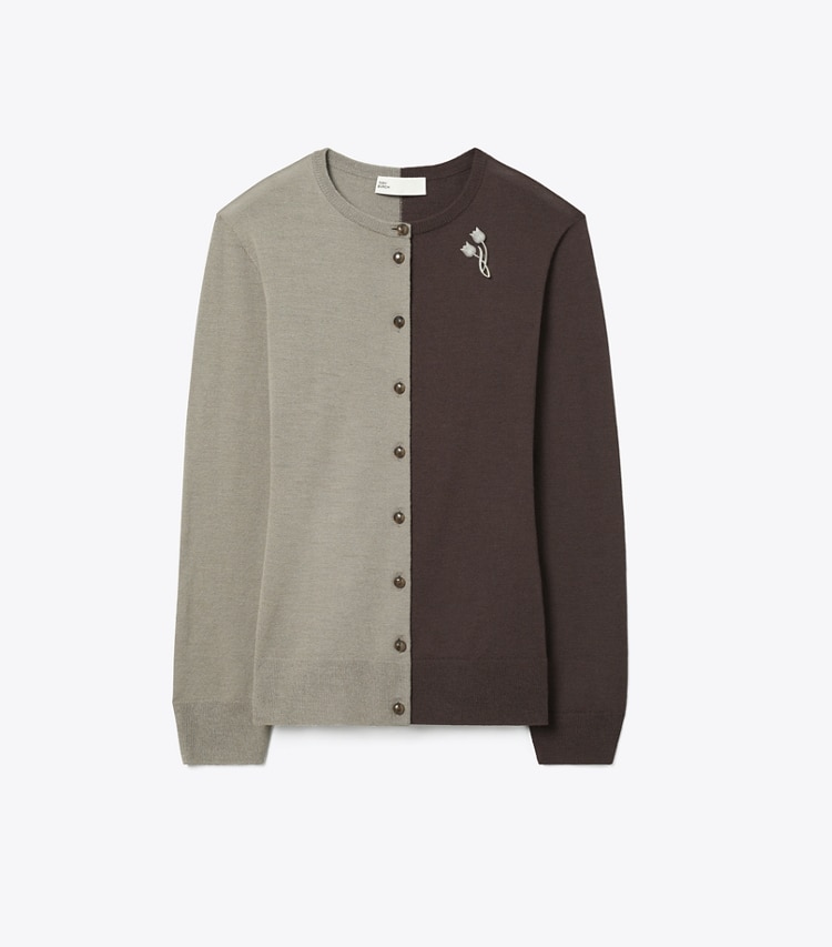 Tory Burch designer strickware Wollcardigan in Light Gray / Dark Brown front