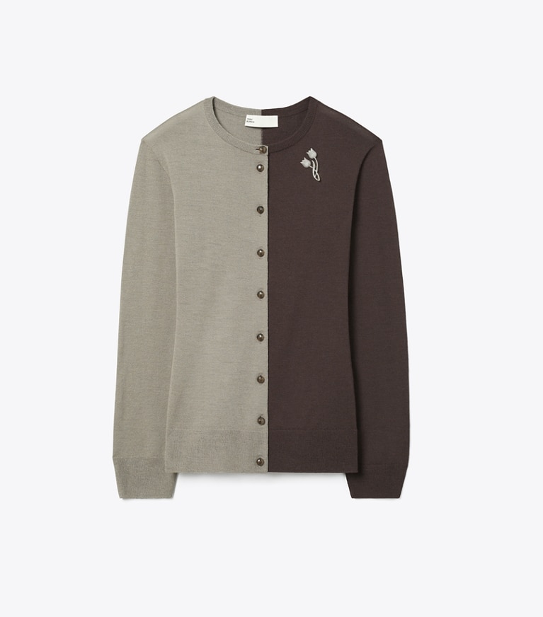 Tory Burch designer strickware Wollcardigan in Light Gray / Dark Brown front