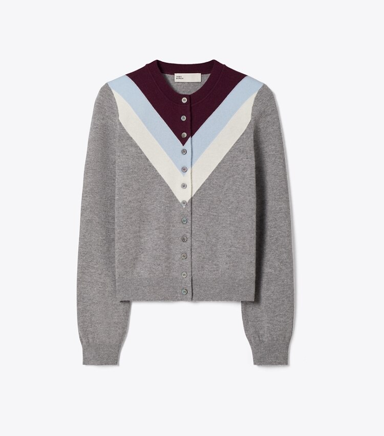 Tory Burch designer strickware Wollcardigan mit Chevronmuster in Light Gray front