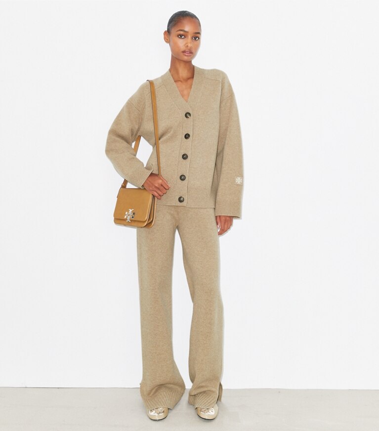 Tory Burch designer strickware Wollcardigan in Oatmeal Melange modell von vorn