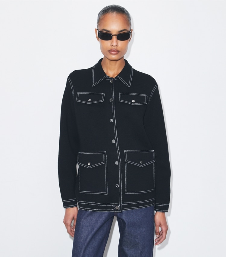 Tory Burch designer strickware Wolljacke mit Steppnähten in Black on model detail