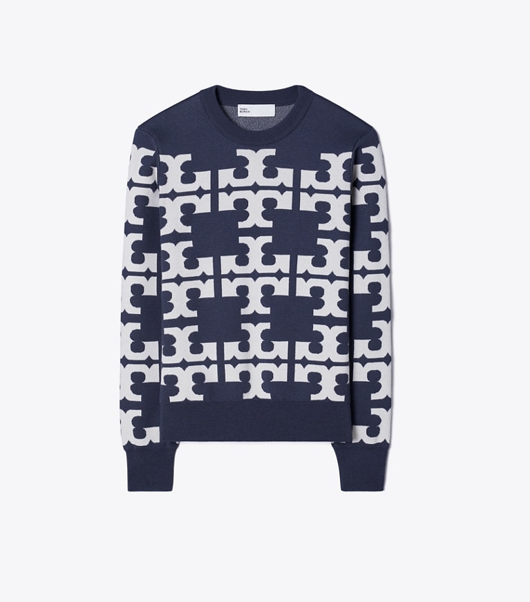 Tory Sport designer strickware Wollpullover mit Logo in Grey Thunder / NEW IVORY front