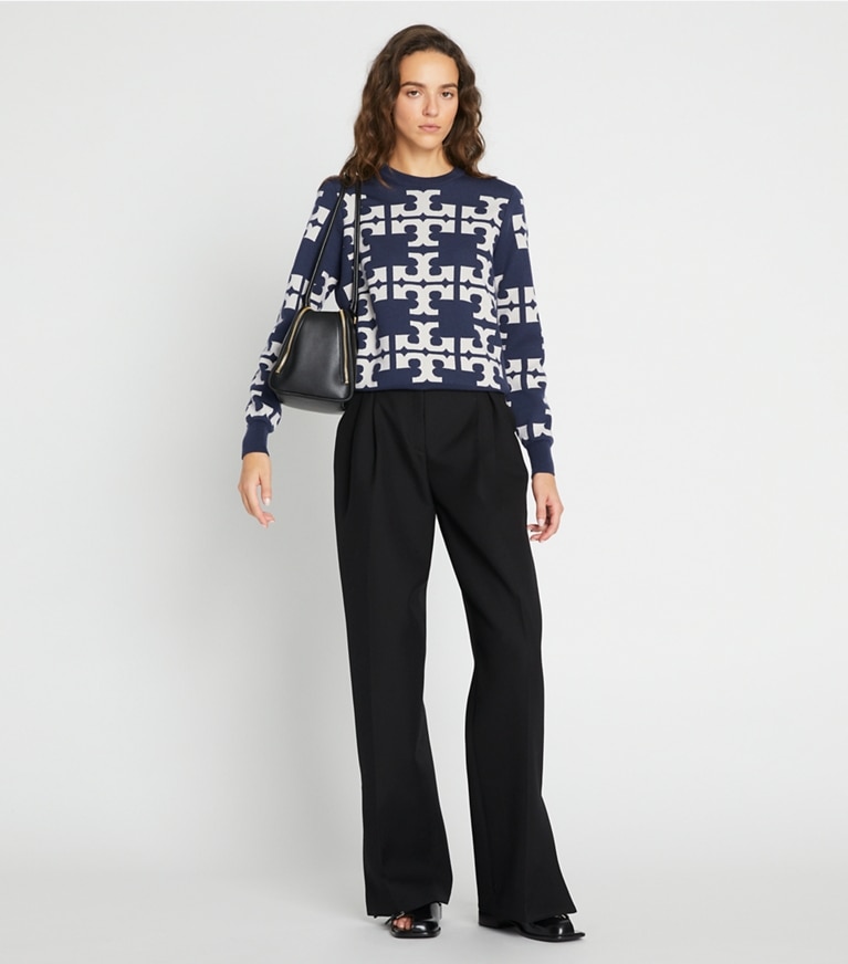 Tory Sport designer strickware Wollpullover mit Logo in Grey Thunder / NEW IVORY front