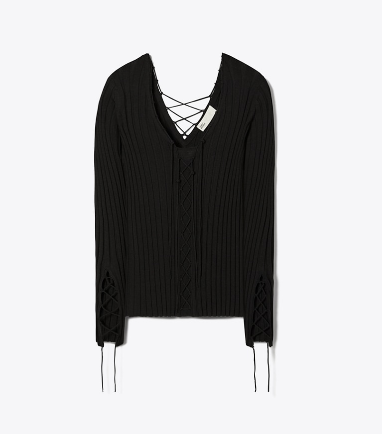 Tory Burch designer strickware Wollpullover mit Schnürung in Black front