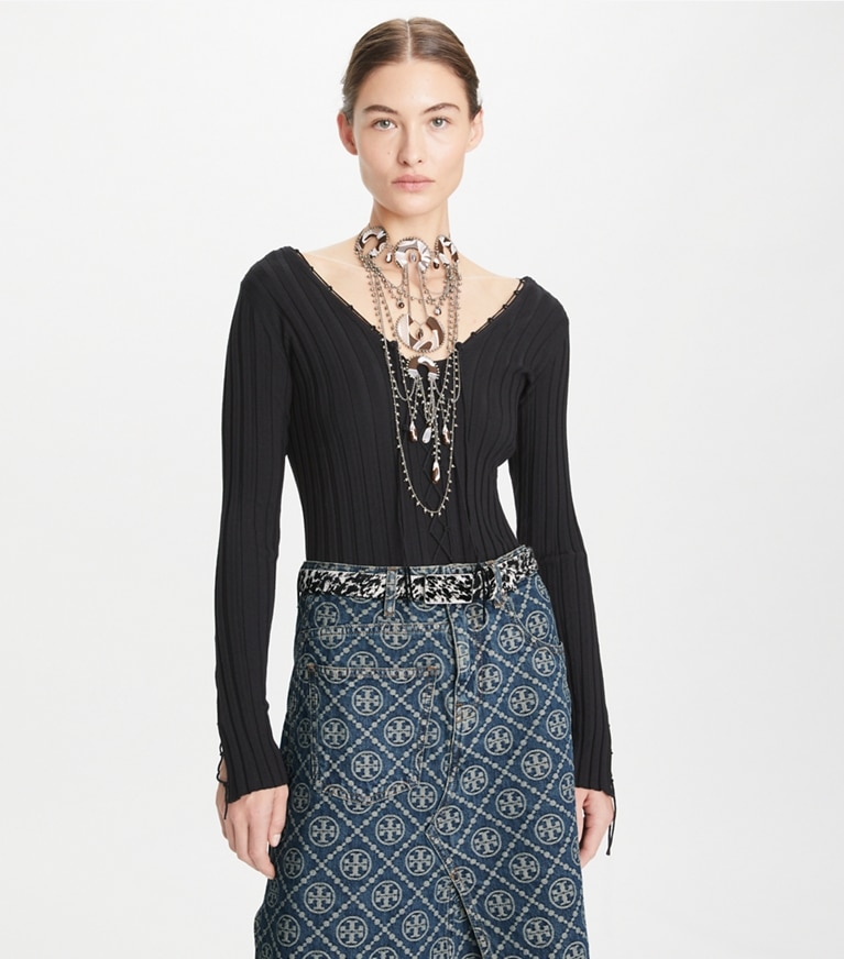 Tory Burch designer strickware Wollpullover mit Schnürung in Black front