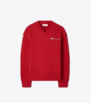 Tory Burch designer strickware Wollpullover mit V-Ausschnitt in Red Crimson front